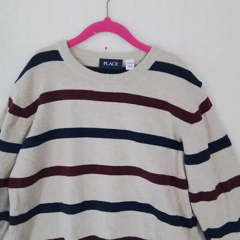 Children's Place Cotton Crew Neck Knit Sweater Size Large in‎ Tan w/ Stripes